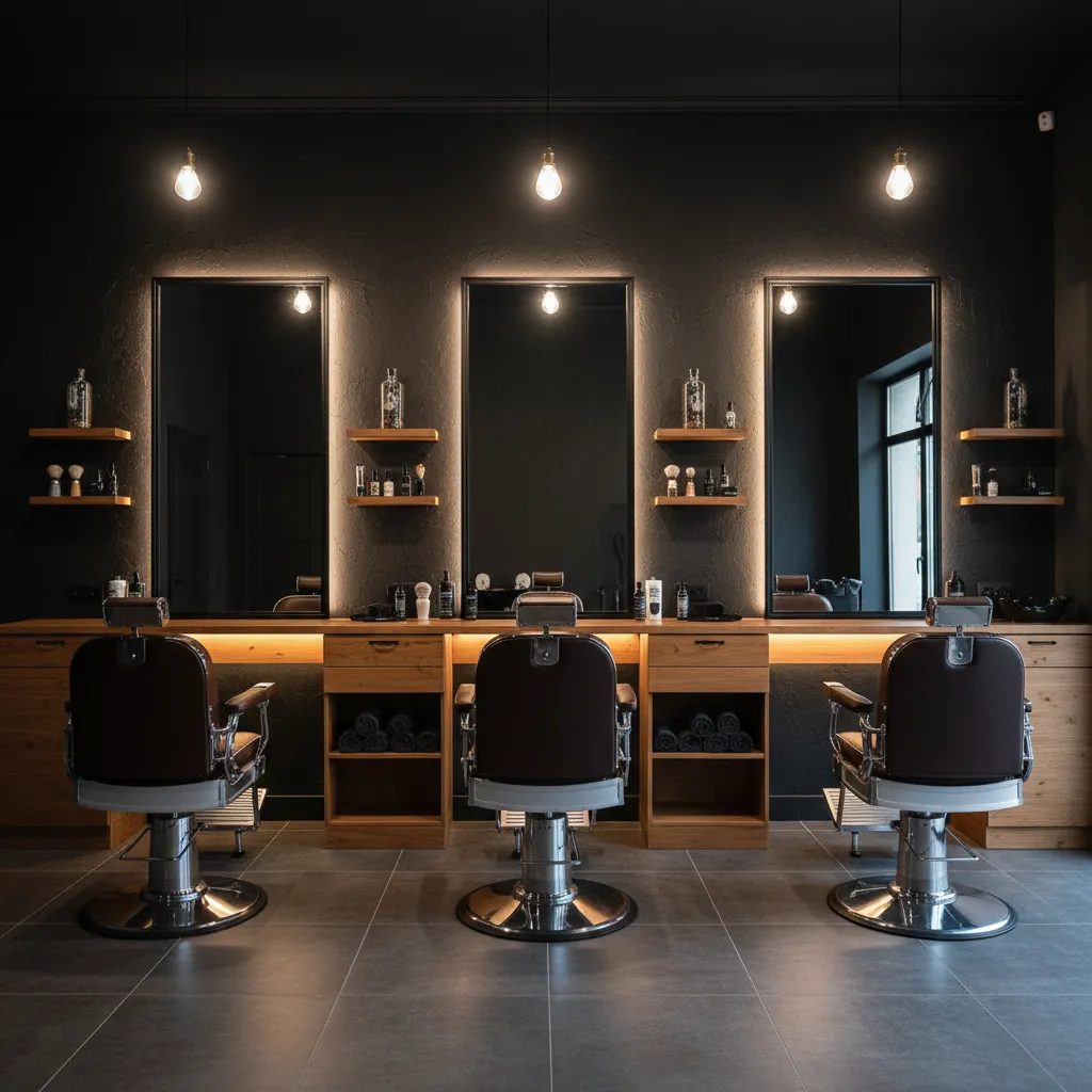 Barbería con paredes negras y muebles de madera