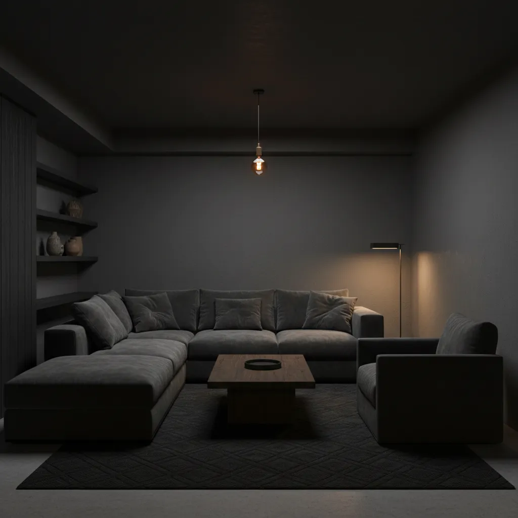 dark basement renovation with overly dark walls and minimal lighting showing design problem