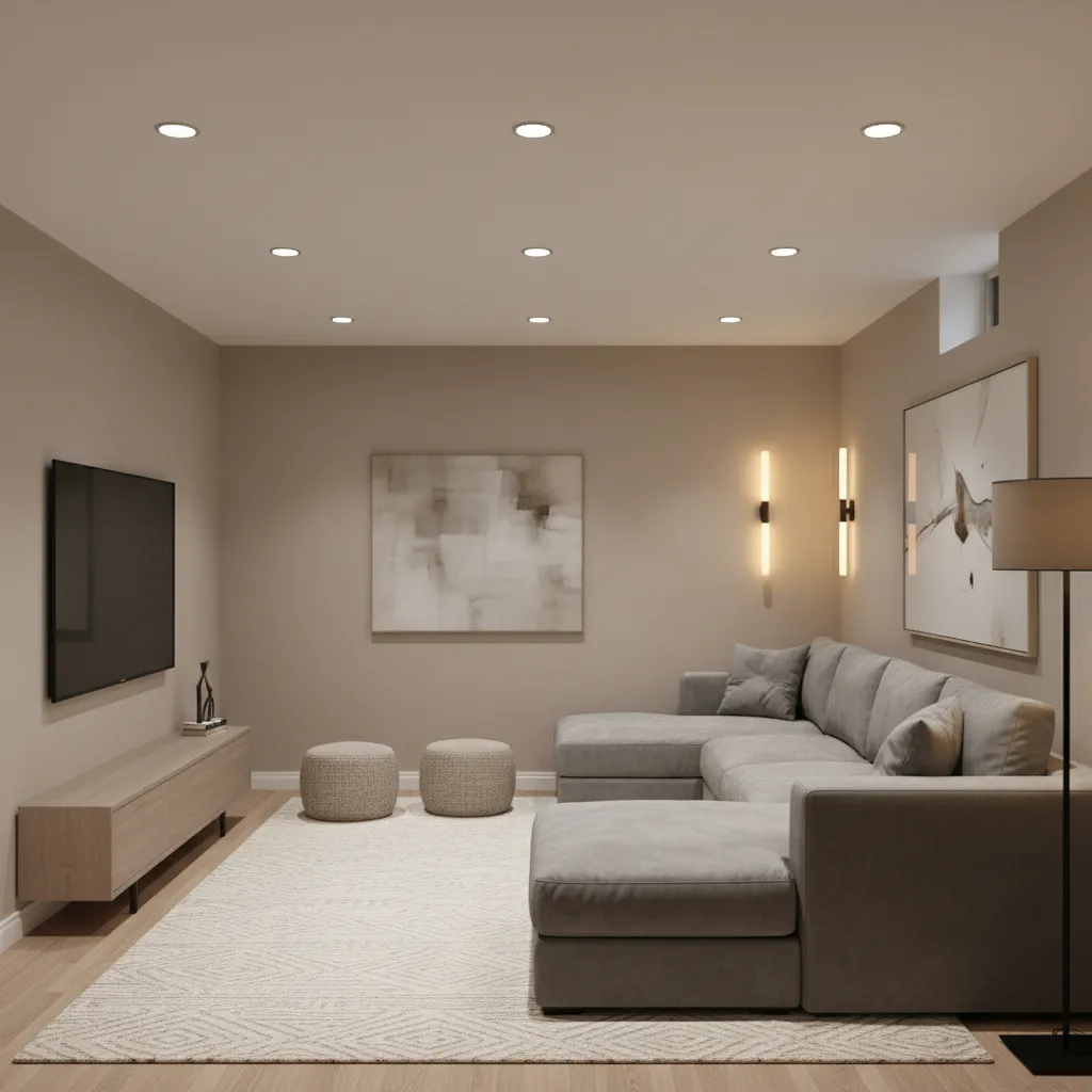 Modern basement living room with grey sofa, wooden cabinet, wall lights, ceiling lights, and rug