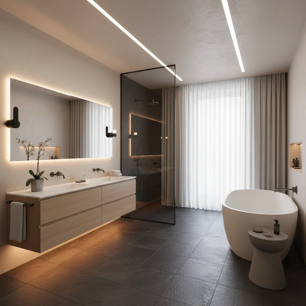 Bathroom with dark floor tile and layered lighting design