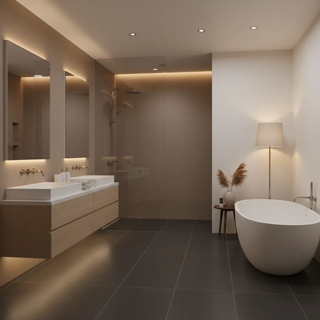 Spotless modern bathroom with clean dark floor tiles and glass shower