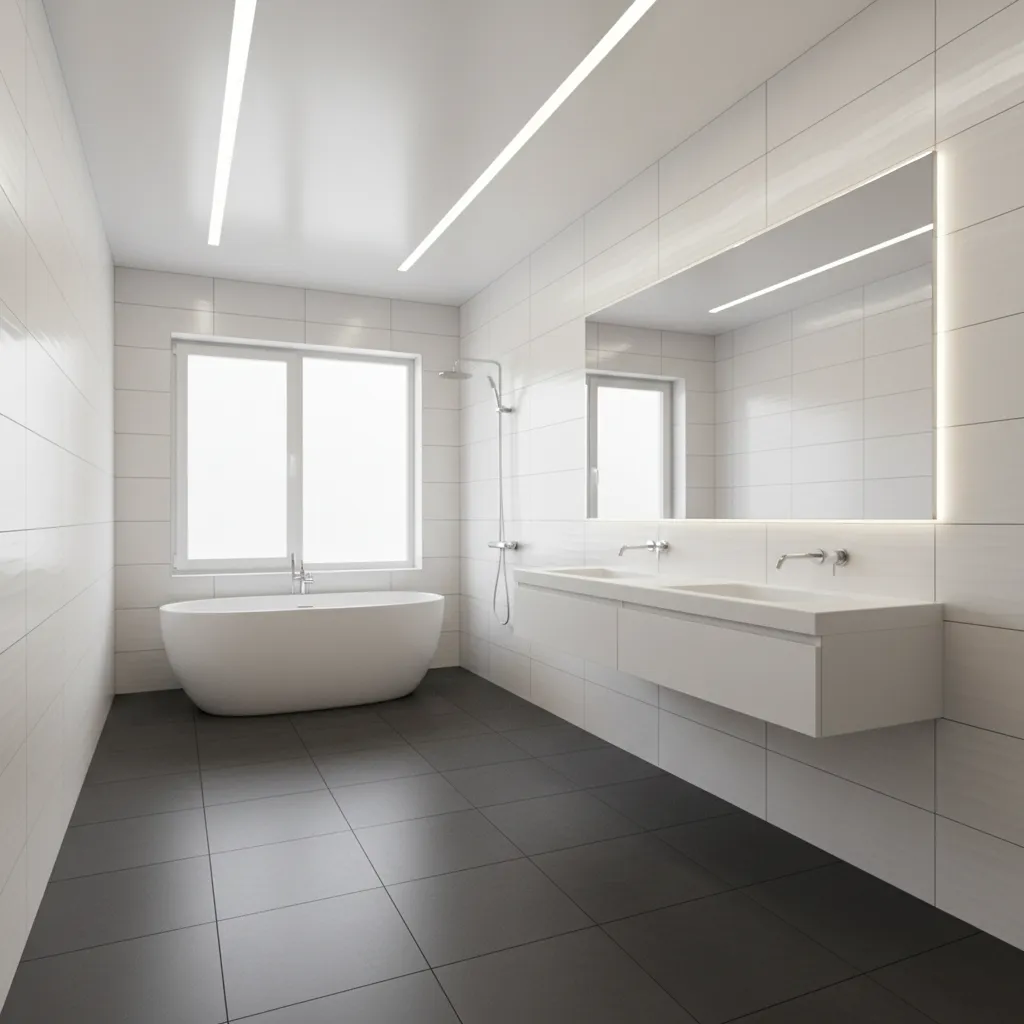 bathroom with dark floor tiles demonstrating light reflection from walls and mirror
