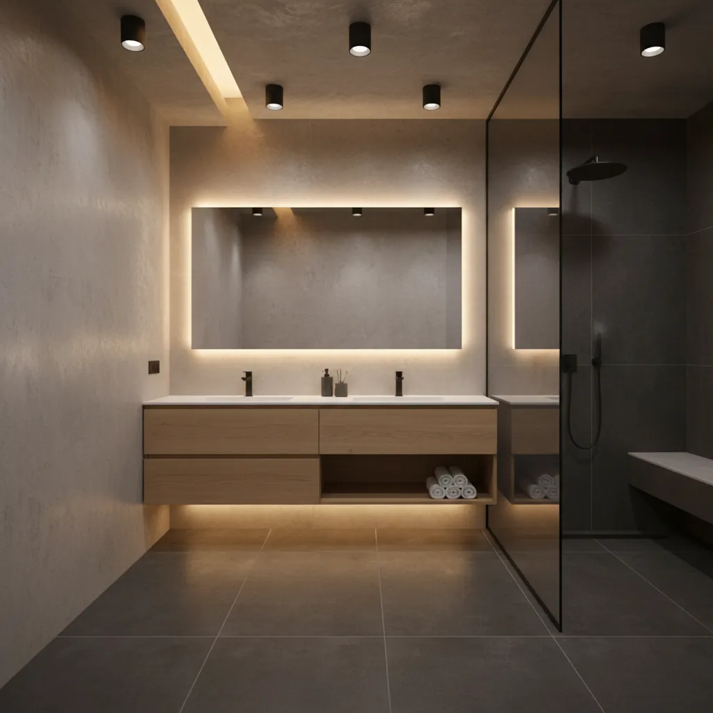 Modern bathroom showing layered lighting over dark floor tiles
