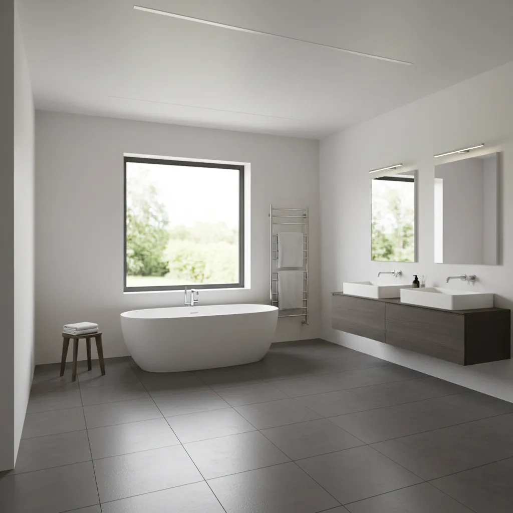 Bathroom with dark floor tiles and light walls creating contrast