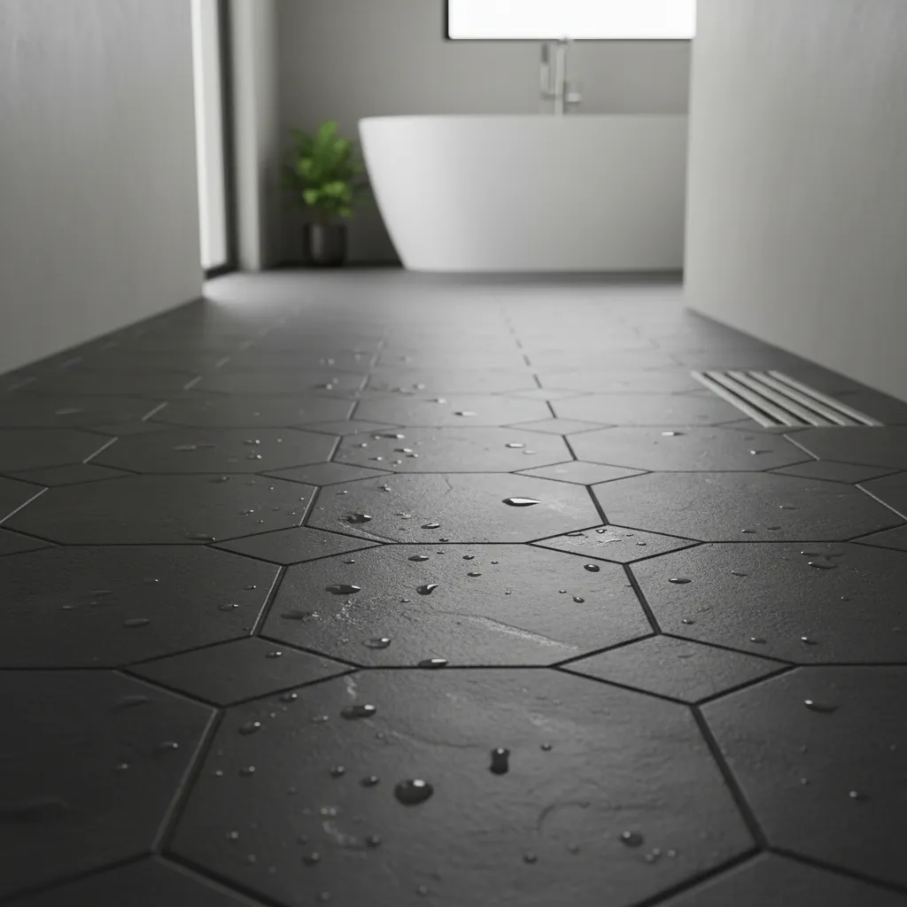 Close view of dark bathroom floor tiles showing visible water spots and mineral residue