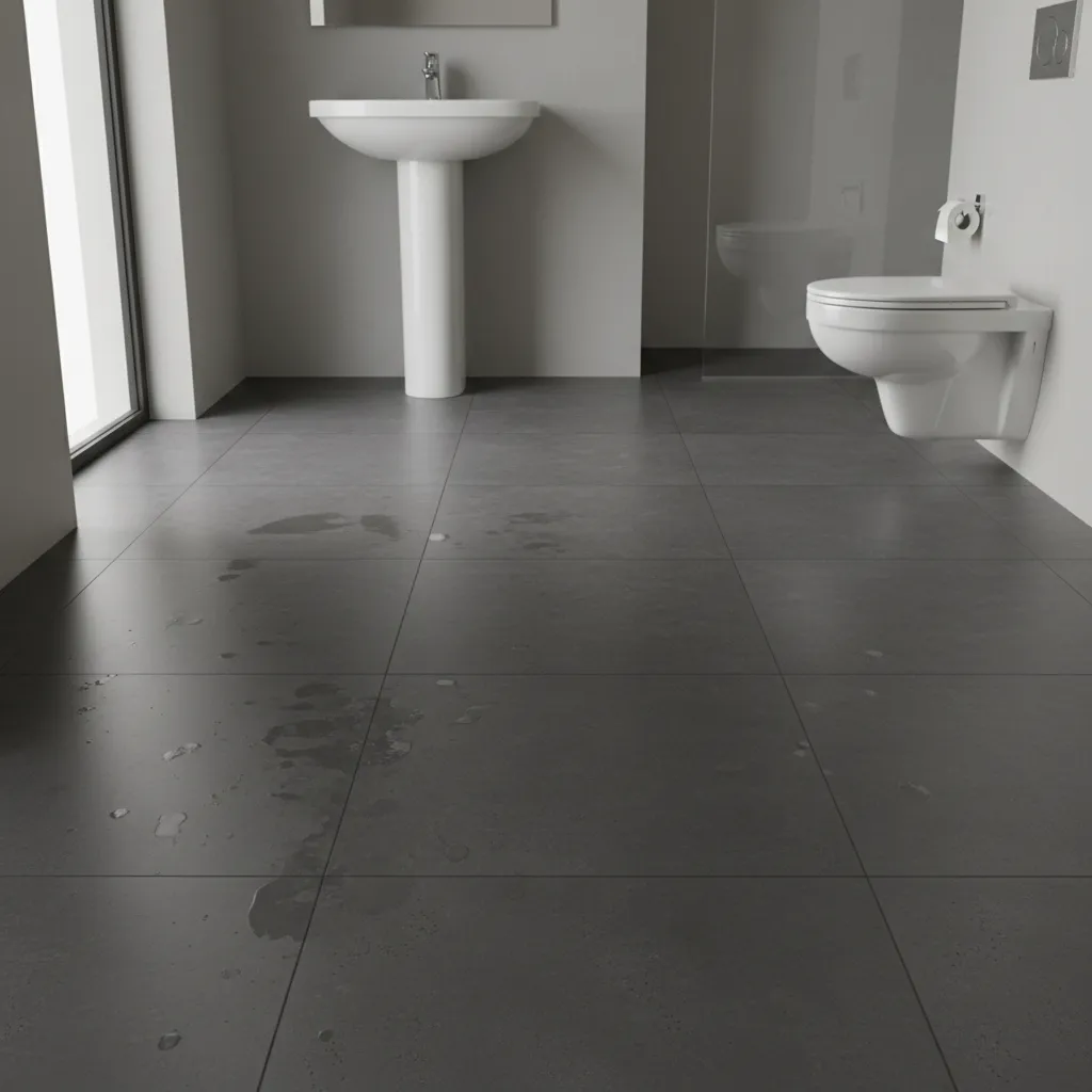Dark bathroom tile floor showing visible water spots from mineral deposits
