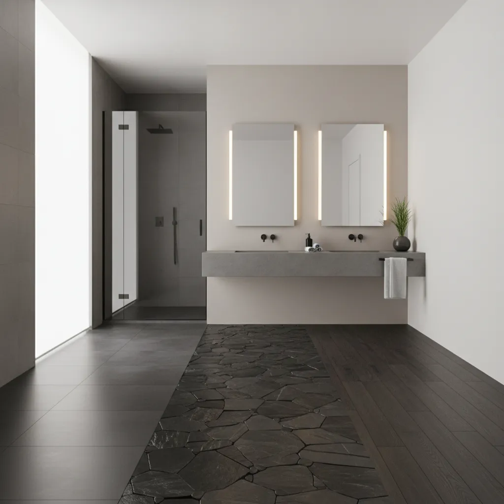 Dark Bathroom Flooring Materials Compared Tile Vinyl Natural Stone and Wood Look