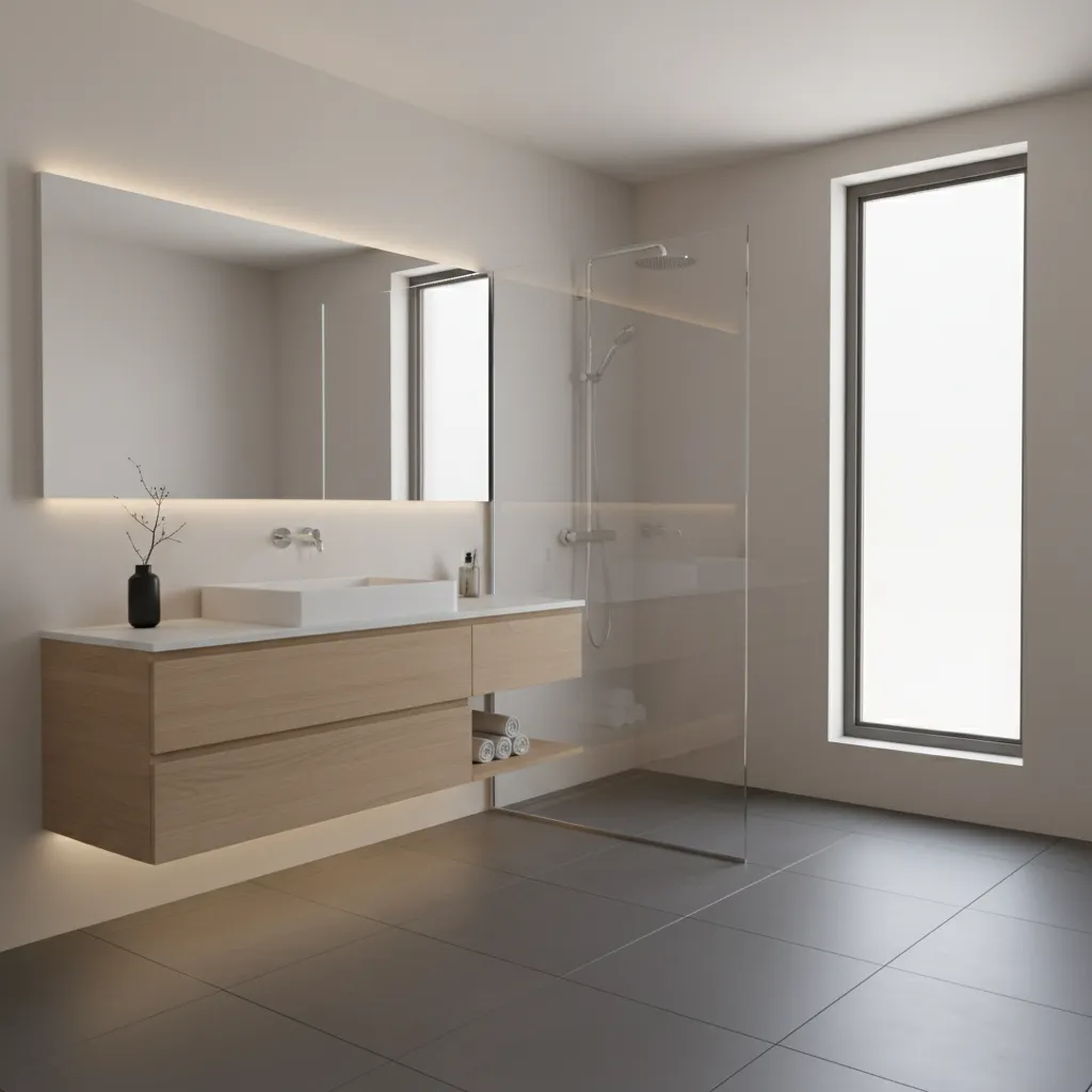 Modern bathroom with matte dark porcelain tile flooring and floating vanity