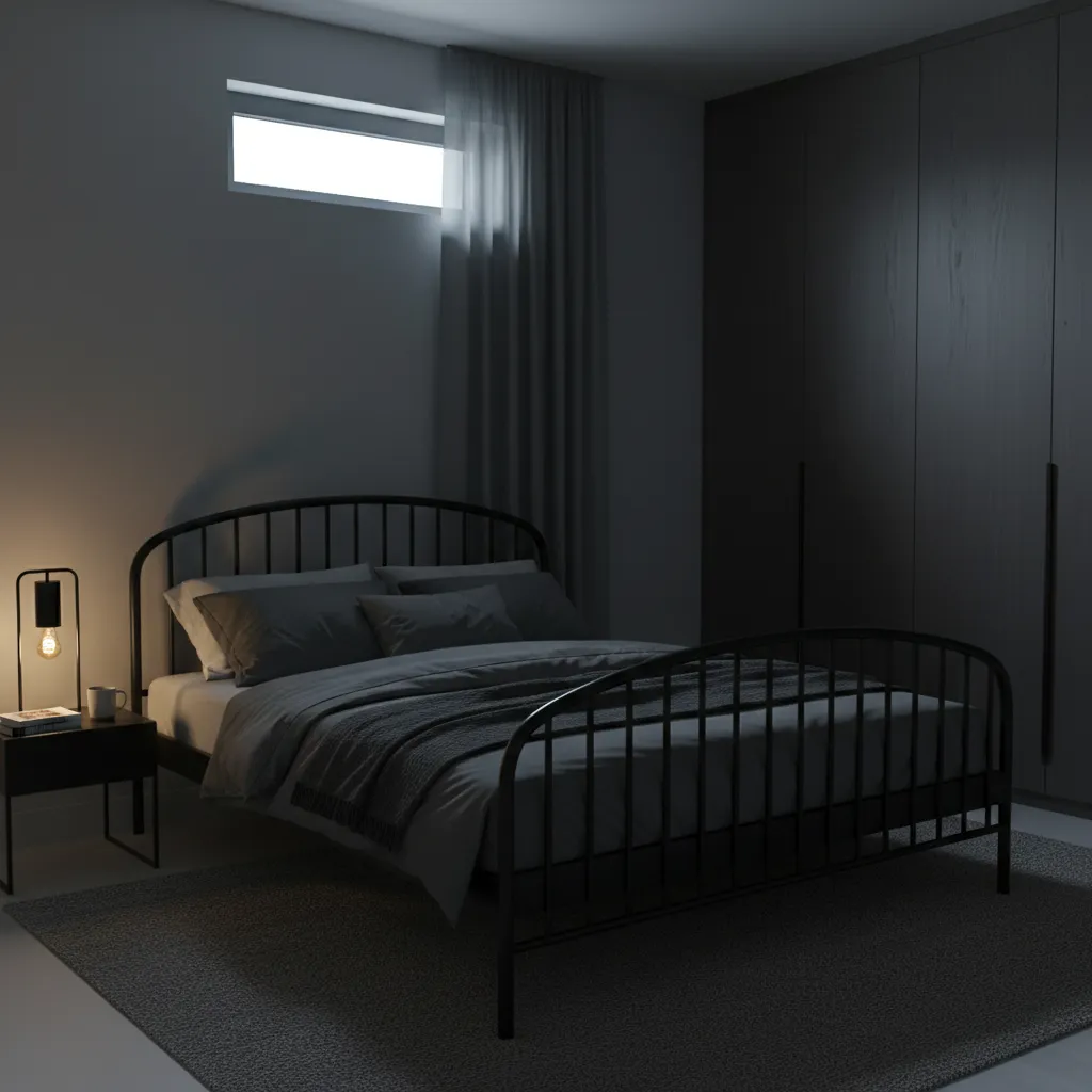 Bedroom that feels dark with black furniture and limited lighting