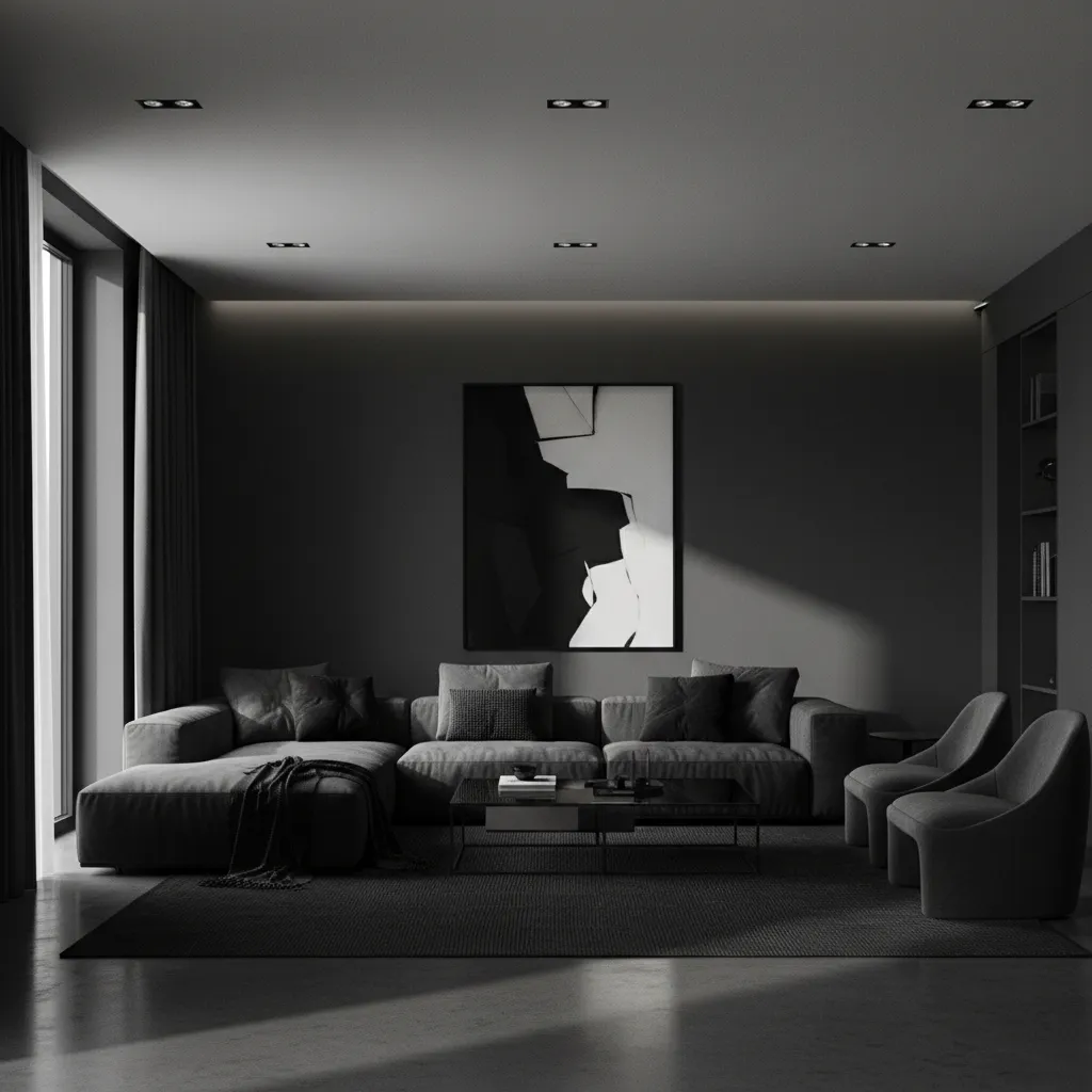 Dark black grey living room with minimal lighting showing heavy shadows