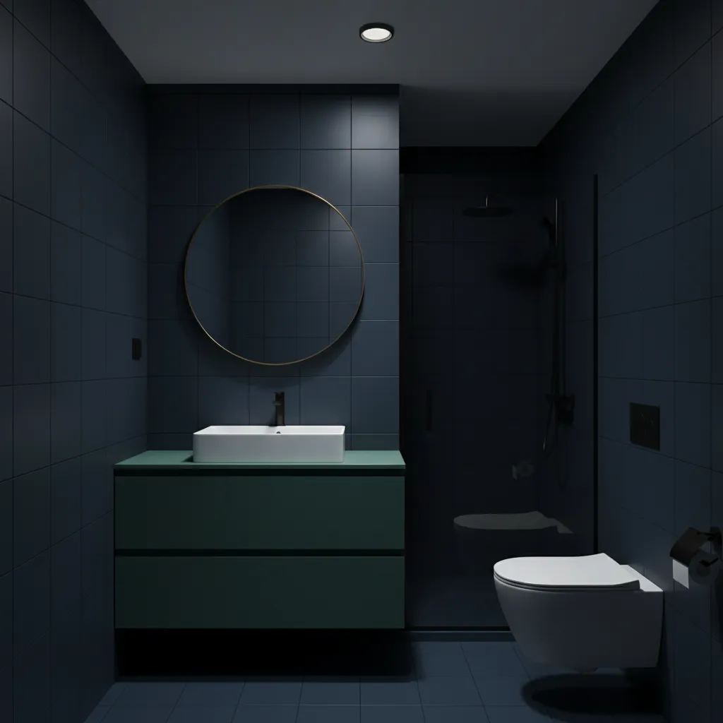 blue and green bathroom that appears dark due to poor lighting and deep colored tiles
