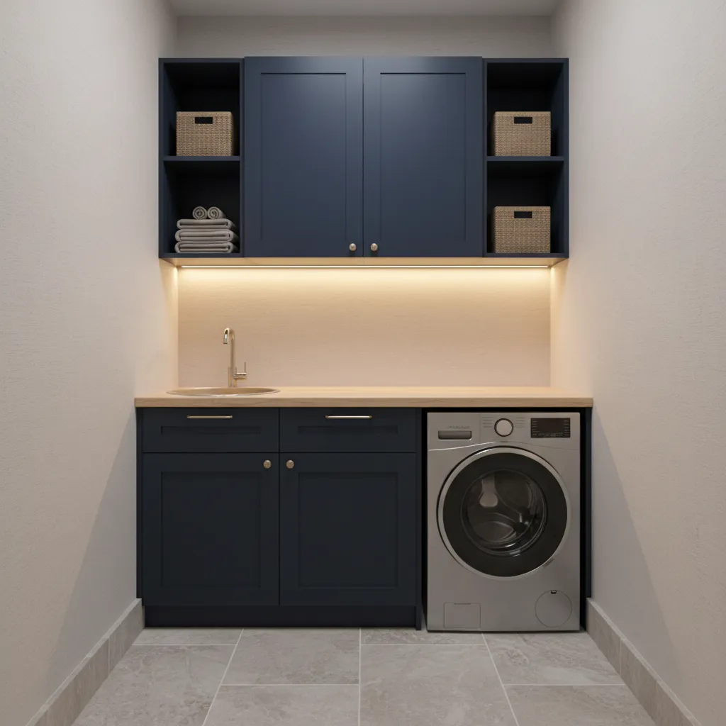 Small laundry room with dark blue cabinets and compact layout