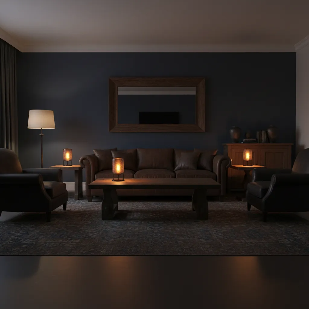dark brown sofa and navy wall making a living room feel heavy and dim