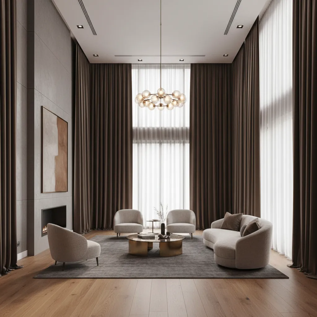 Large living room with dark chocolate brown curtains framing tall windows