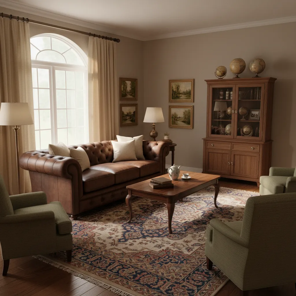 Traditional living room with dark brown leather sofa and warm lighting