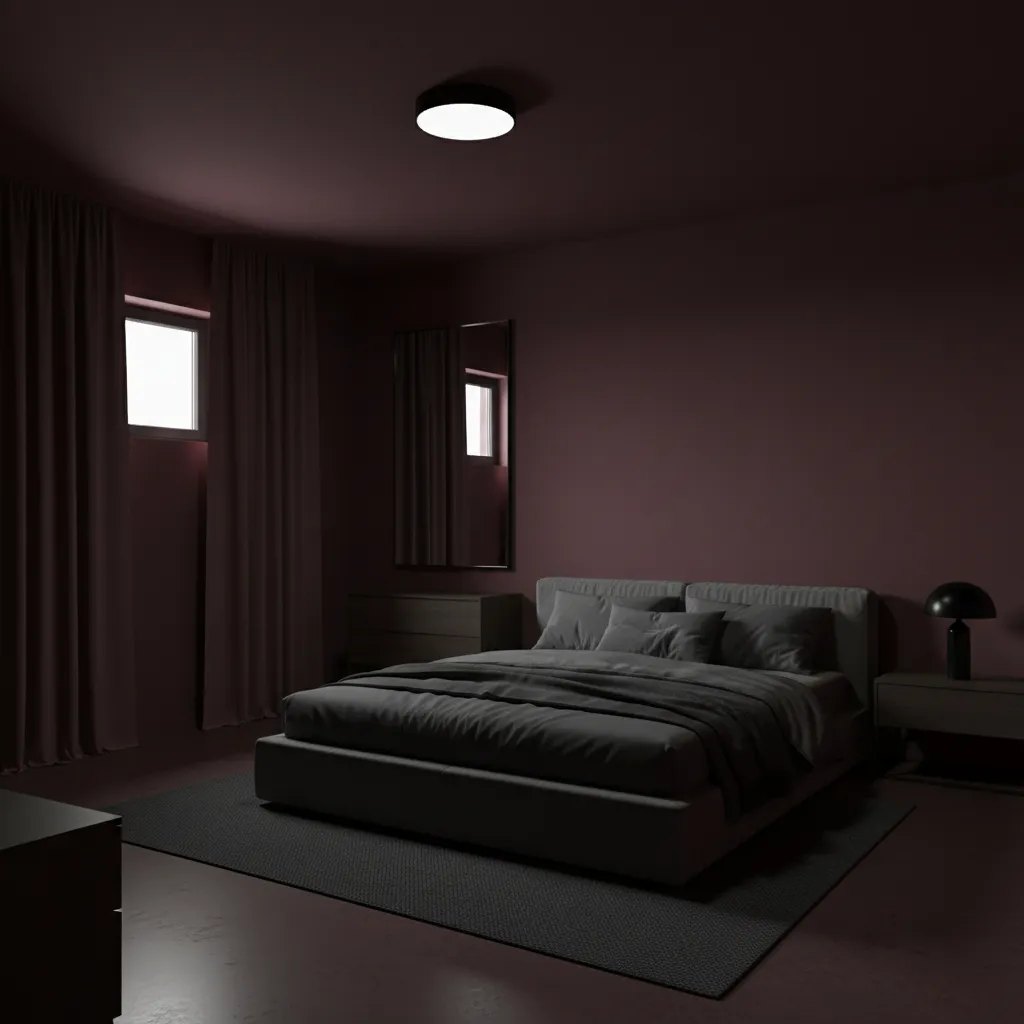 Burgundy bedroom that appears dark due to heavy wall color and limited lighting