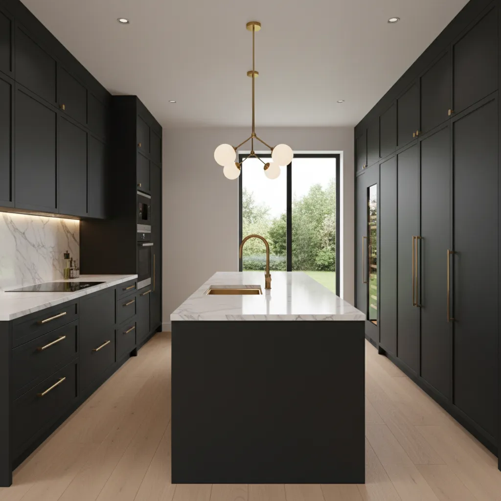 Dark cabinet kitchen with brass hardware and white countertop inspired by Alison Victoria style