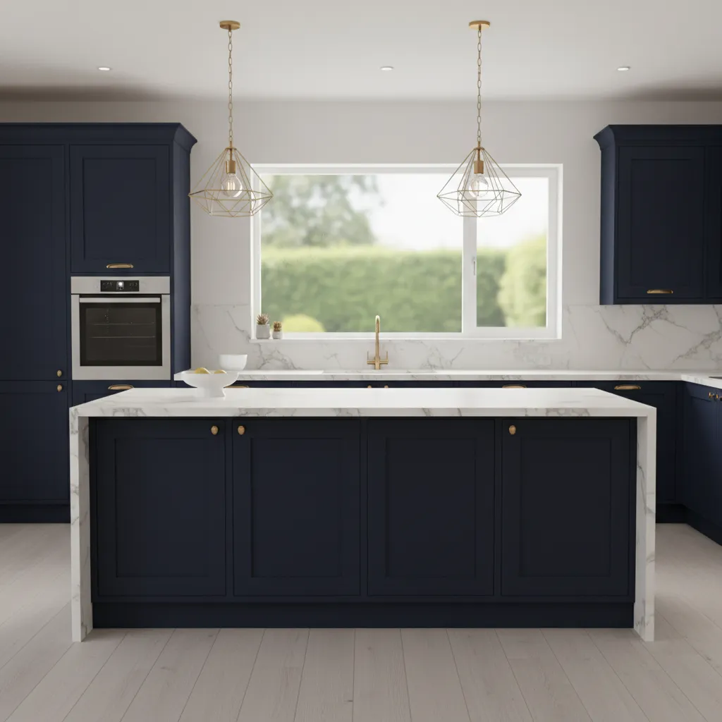 Dark kitchen cabinets with brushed brass handles and marble countertop