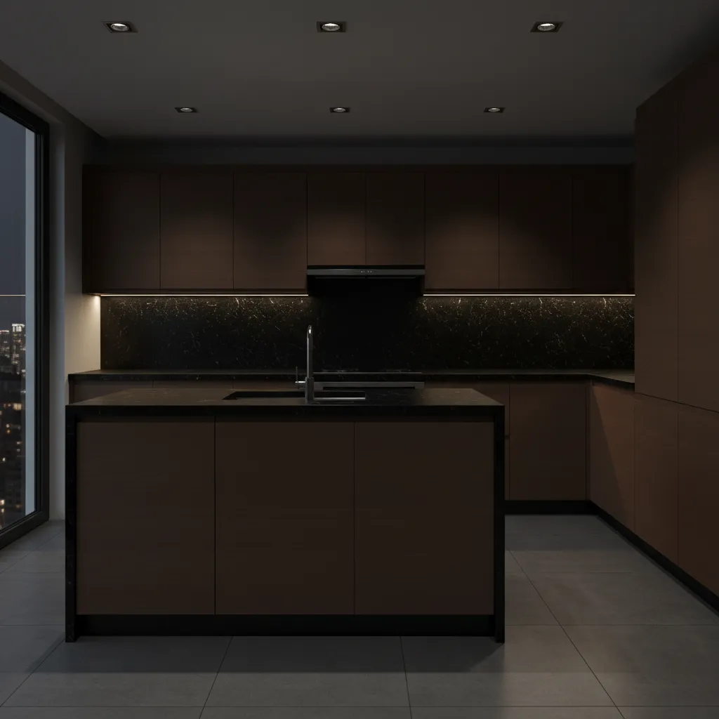 Dark espresso cabinets with black granite countertop creating overly heavy kitchen appearance