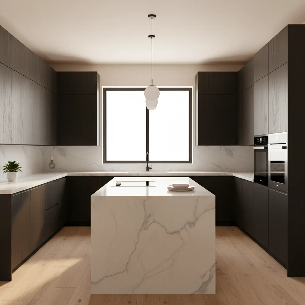 kitchen with dark cabinets and warm white wall paint