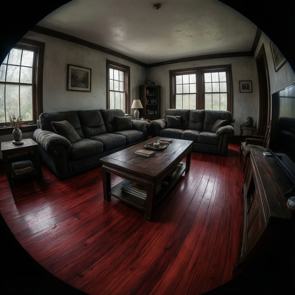 Living room with cherry wood floors and overly dark furniture making the room look heavy