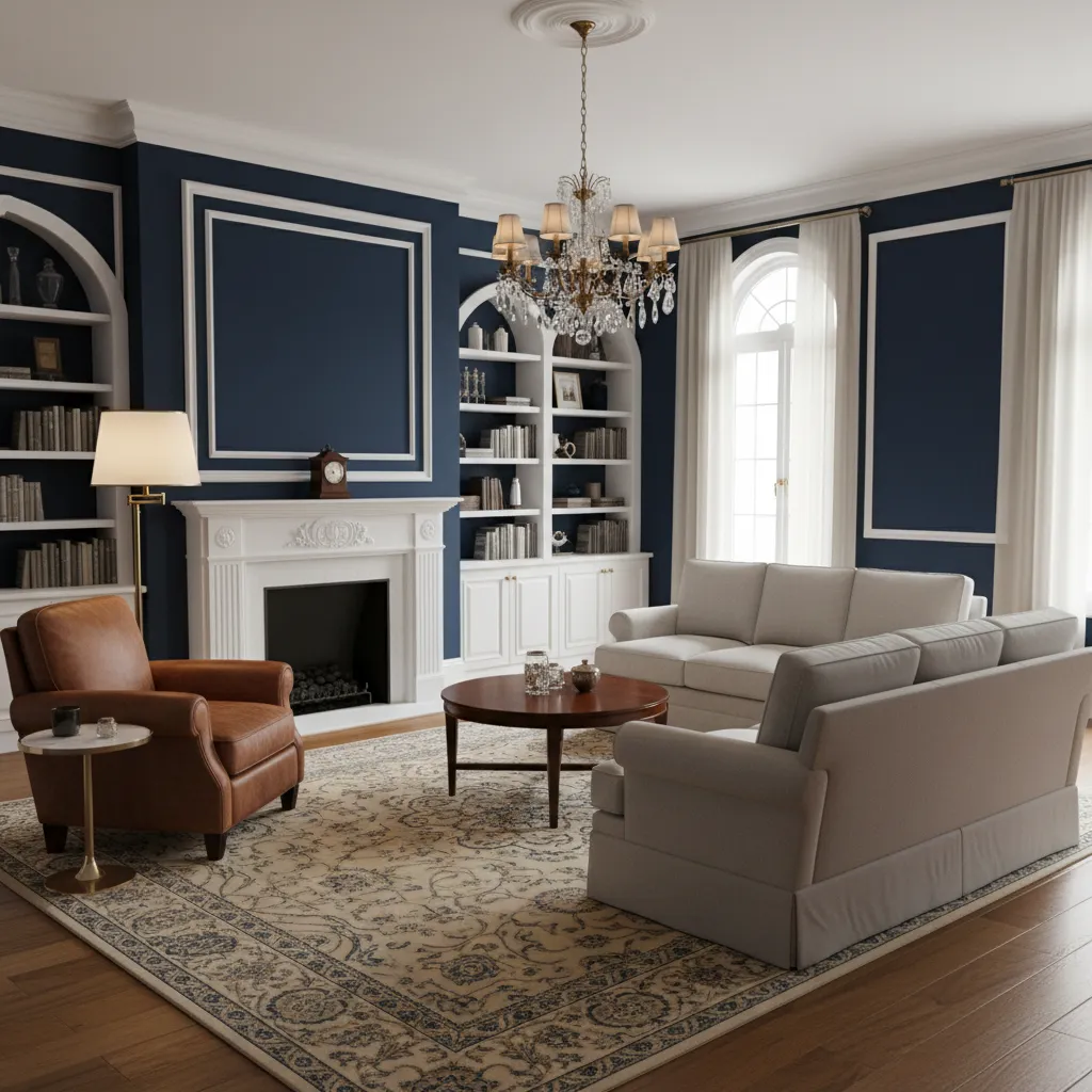 Interior showing balanced dark navy walls with light furniture contrast