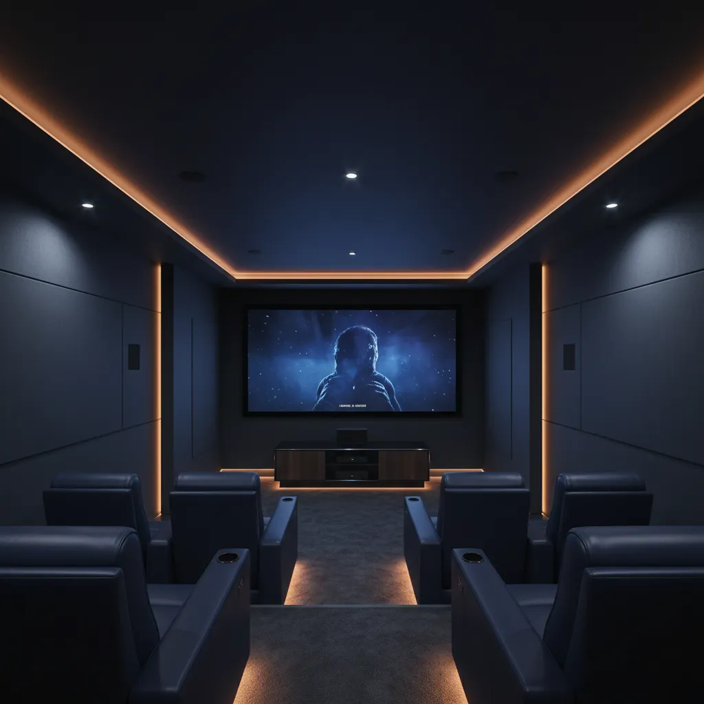 Sala de cine en casa con paredes oscuras para mejorar el contraste
