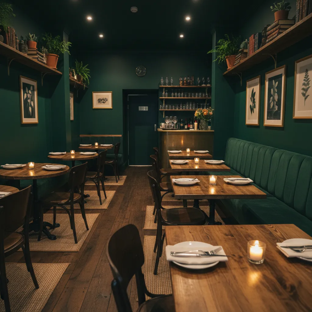 Restaurante pequeño con paredes oscuras y ambiente íntimo