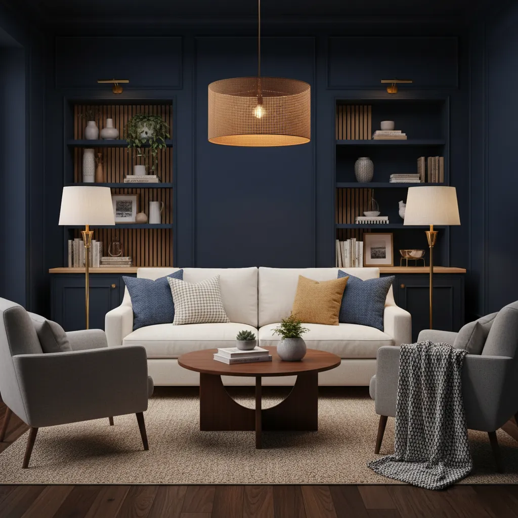 Dark blue living room with white sofa grey armchairs wooden coffee table and ceiling light