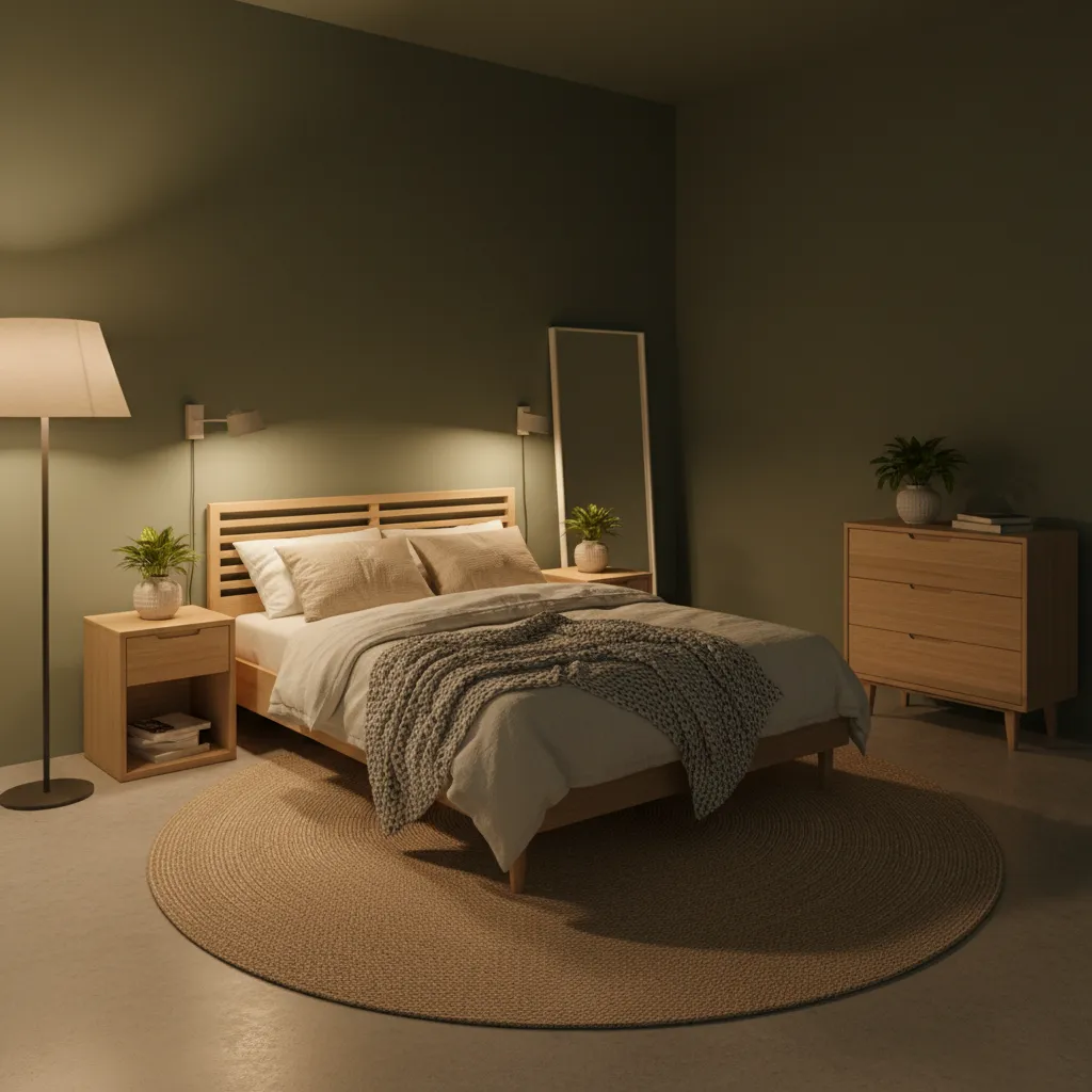small room with dark green walls creating visual depth