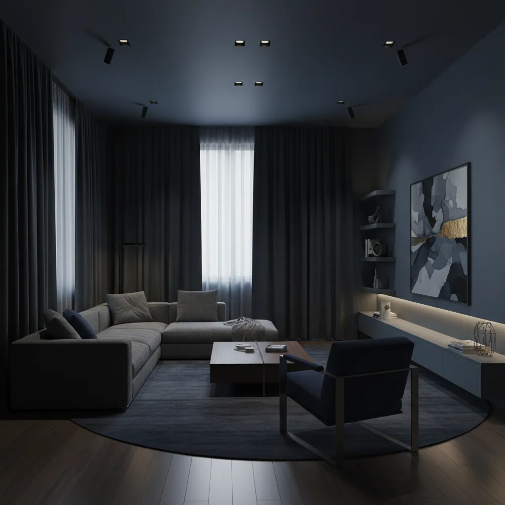 Living room with navy walls and overly dark curtains
