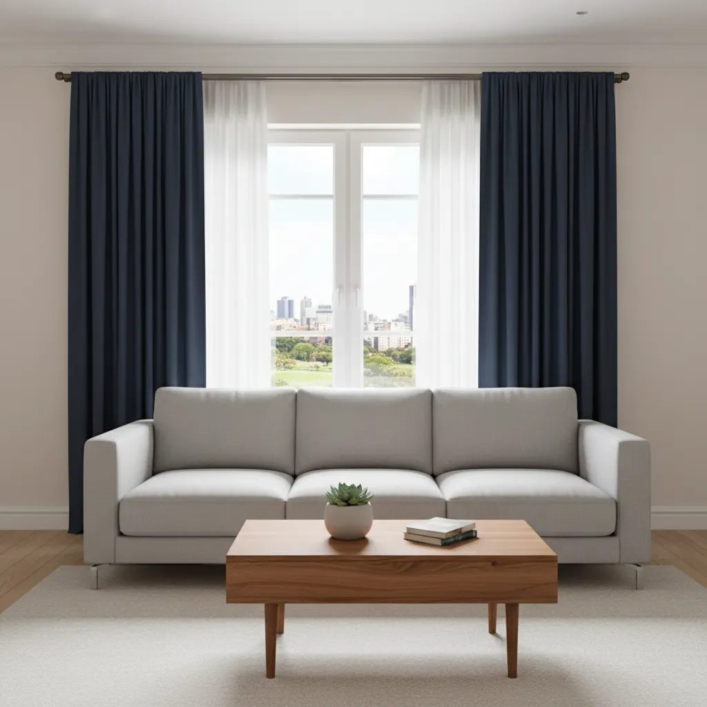 Dark navy curtains paired with light sofa and bright walls in a compact living room