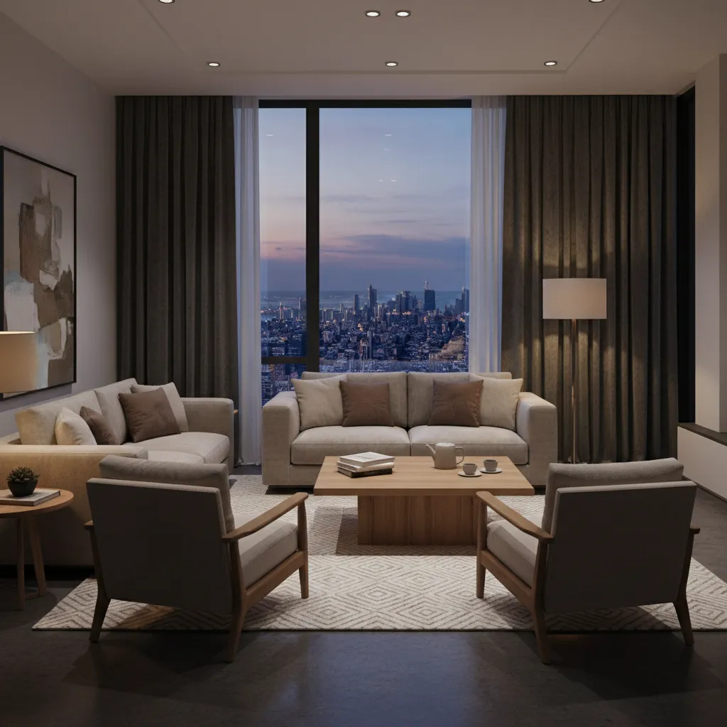 Modern living room with dark floor length curtains creating a cozy dramatic atmosphere