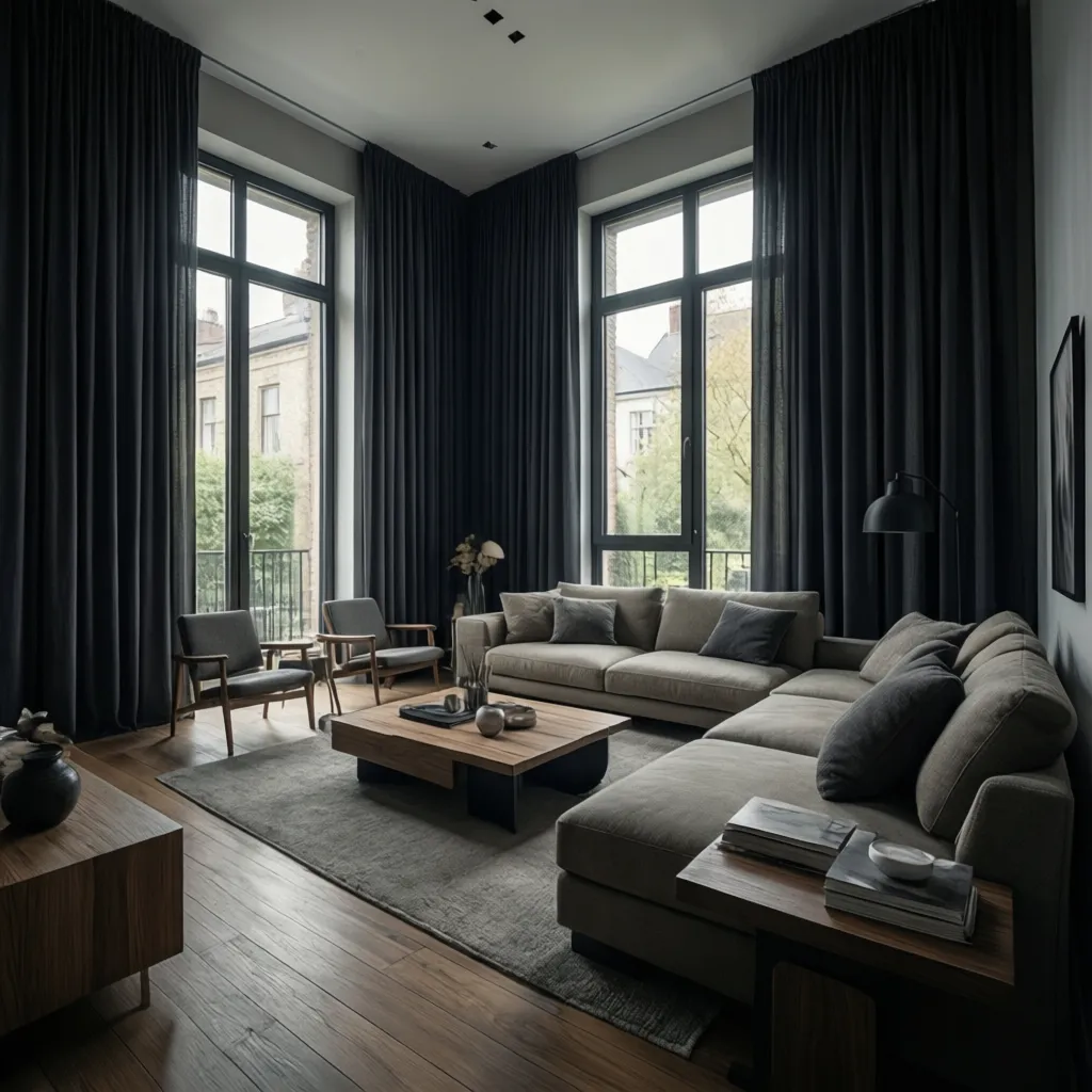 Modern living room with charcoal curtains and natural light