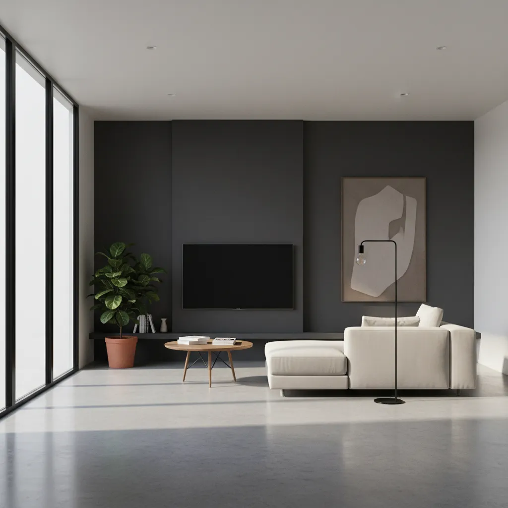 Room with dark charcoal east wall absorbing morning light