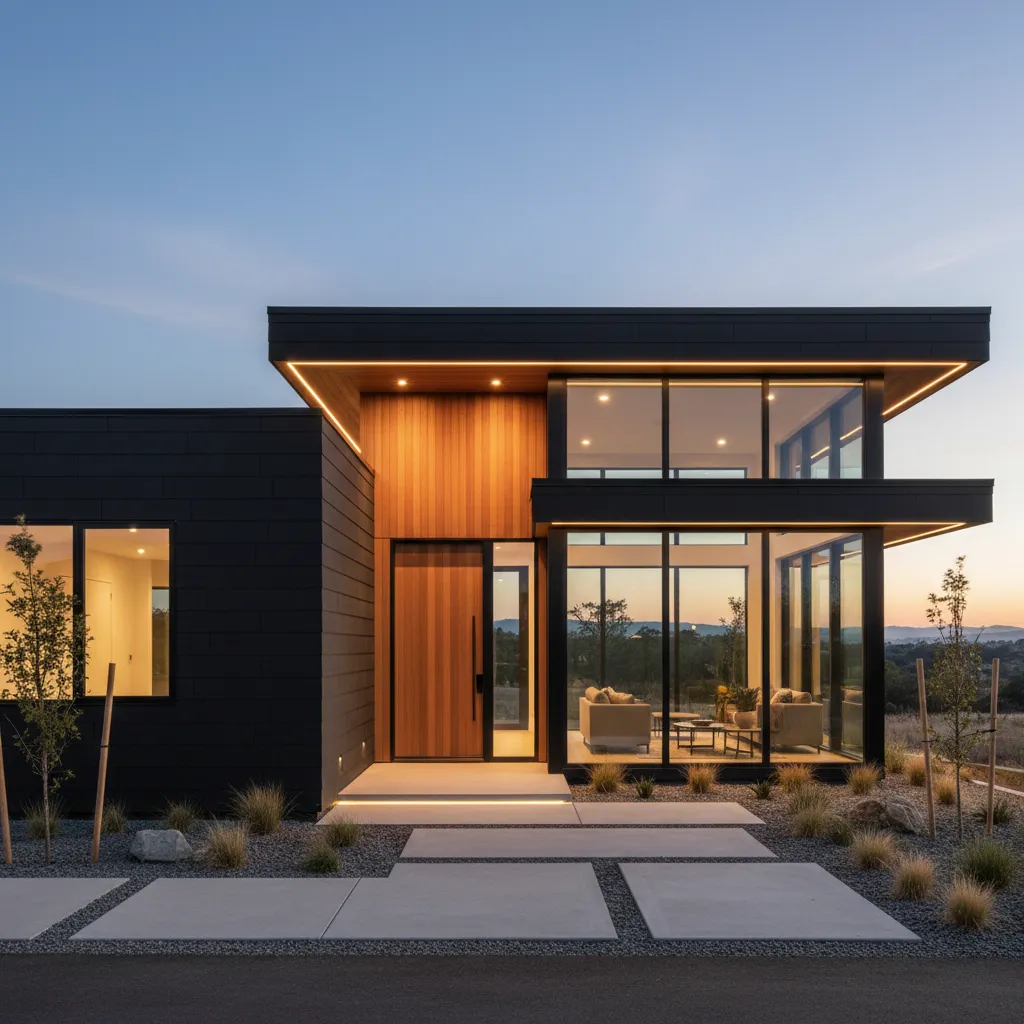 modern home with dark charcoal exterior paint and wood accents