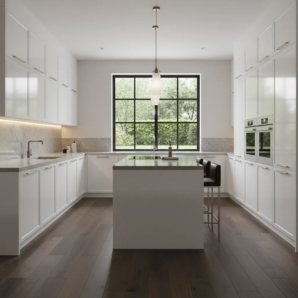 Modern kitchen showing texture contrast with dark floor and light cabinets