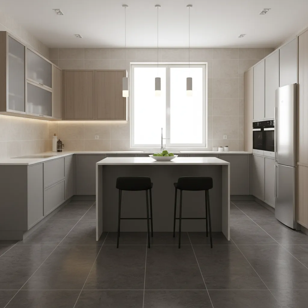 kitchen with charcoal floor tiles and light wall tiles demonstrating practical flooring choice