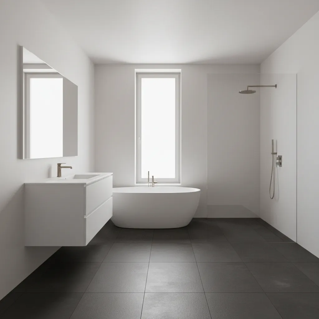 Bathroom with dark charcoal floor and white walls showing strong visual contrast