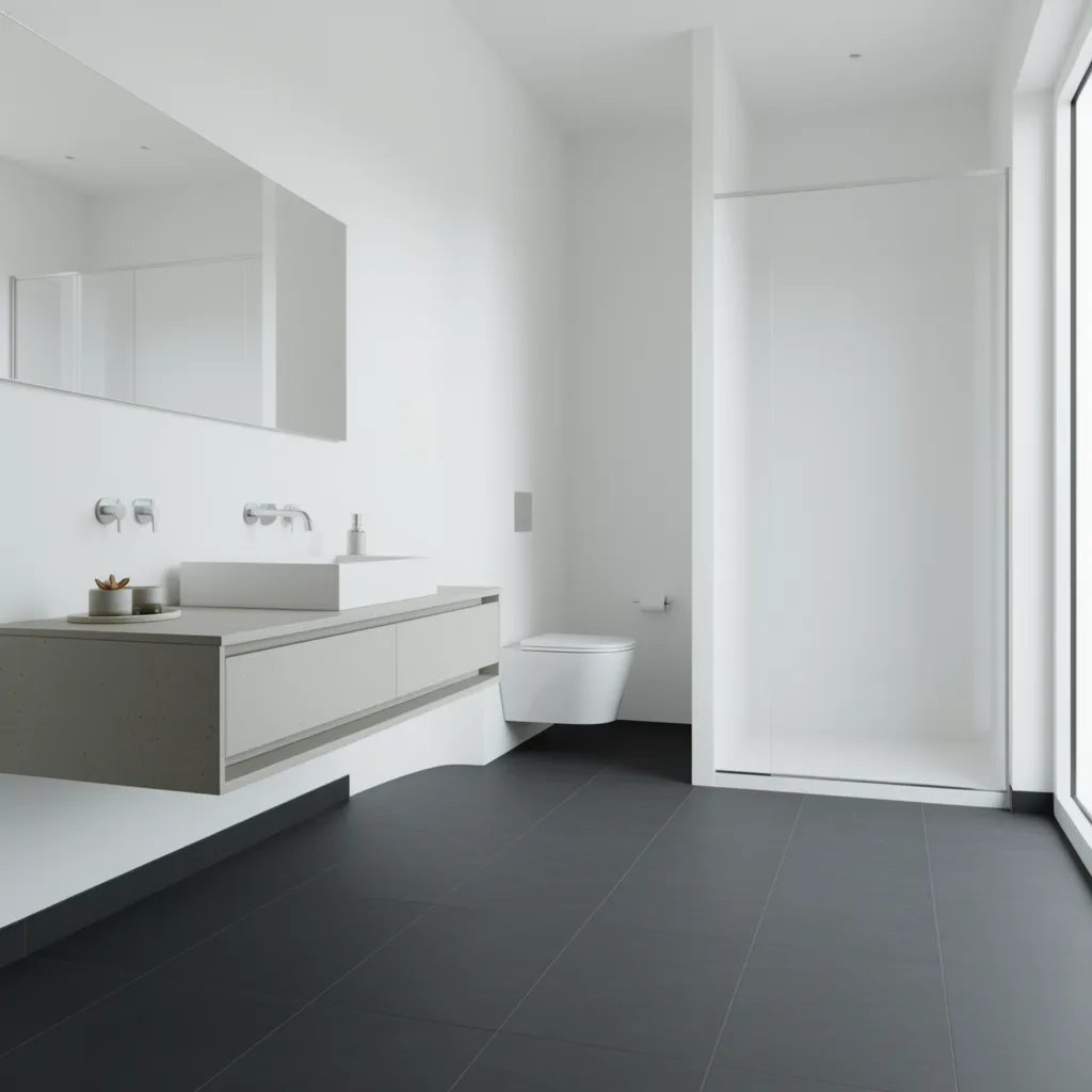 Contemporary bathroom with dark floor tiles and white walls