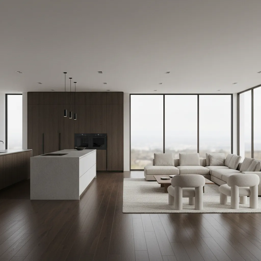 Open concept kitchen and living space with dark flooring