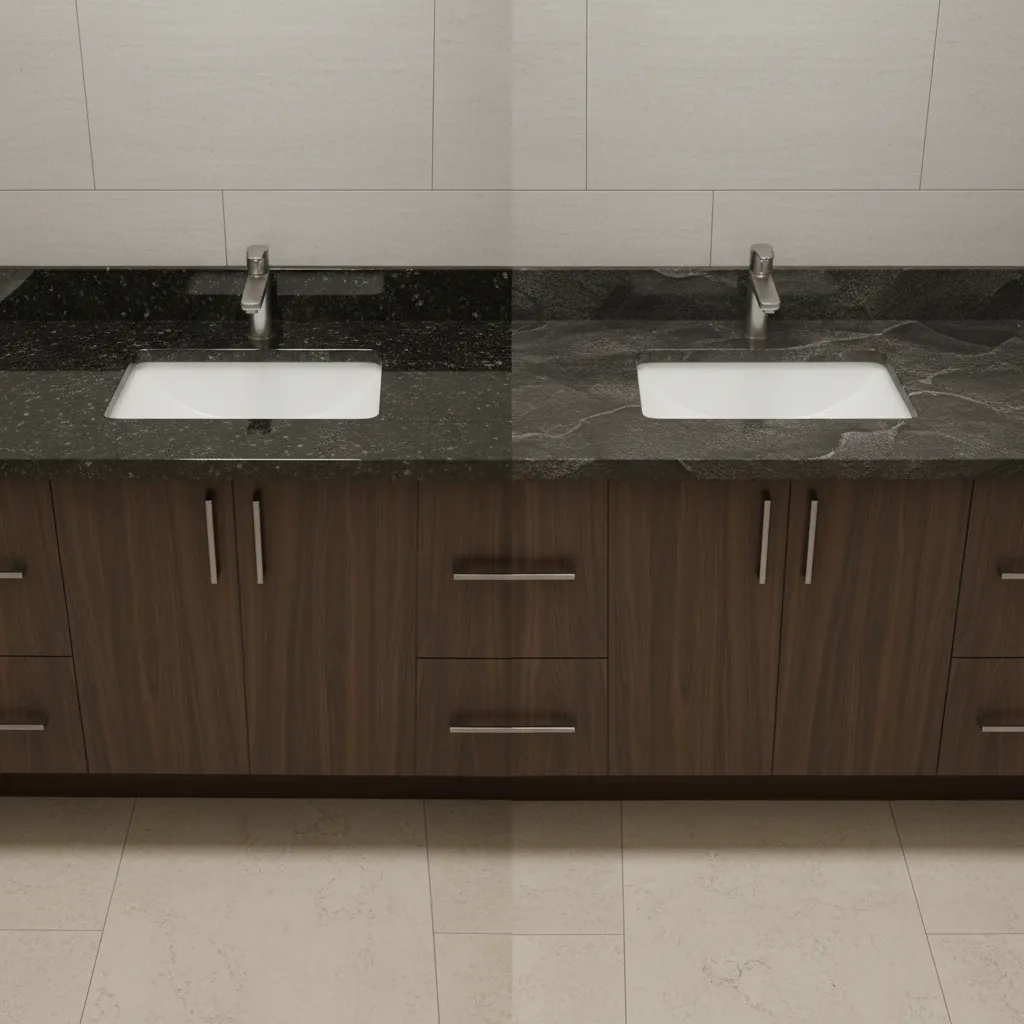 comparison of polished and leathered dark granite bathroom countertop finishes