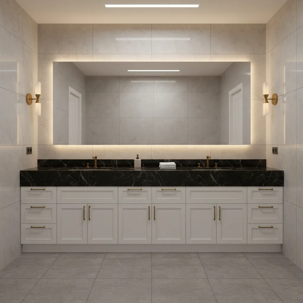 bathroom vanity with dark granite countertop and white cabinetry