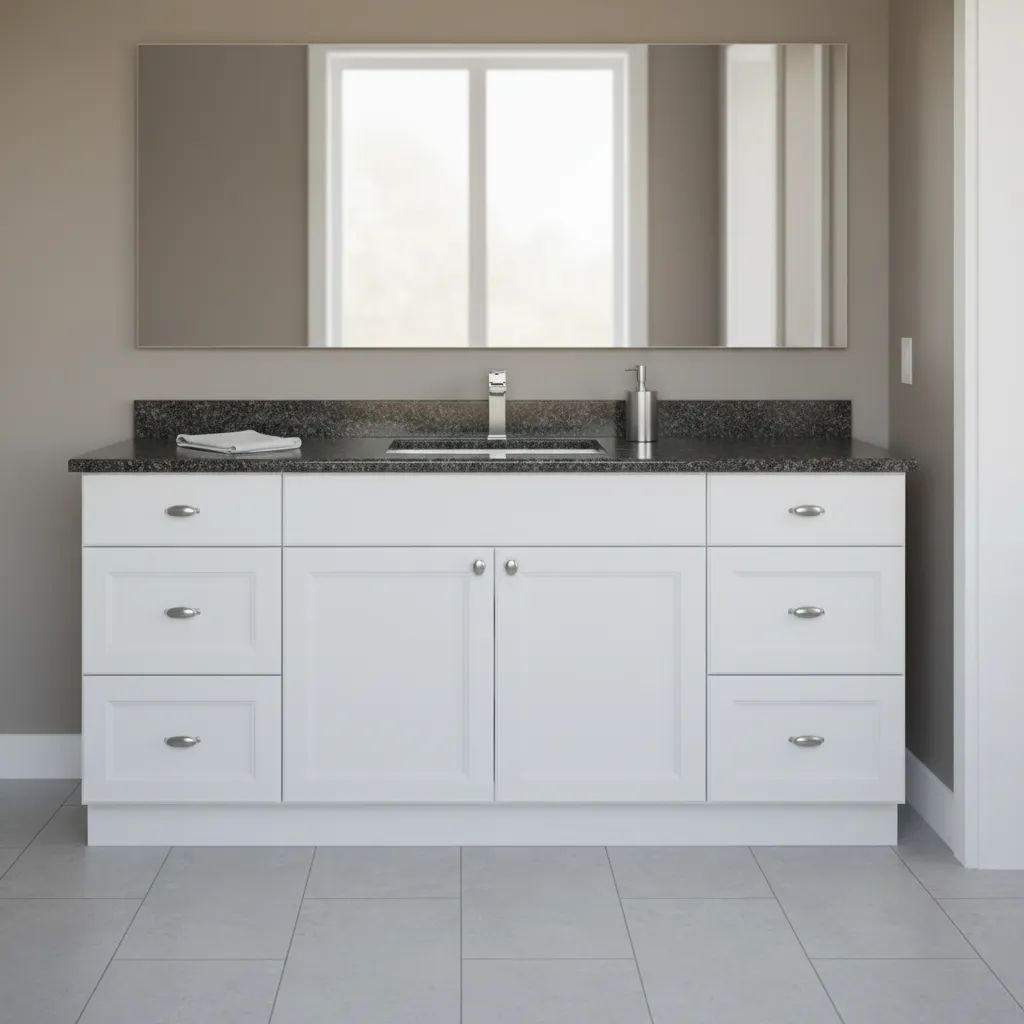 bathroom vanity with dark granite countertop contrasting white cabinets