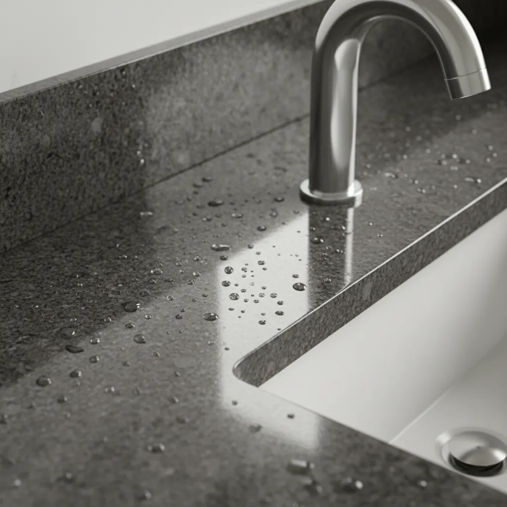 close view of dark granite bathroom countertop showing water droplets near faucet