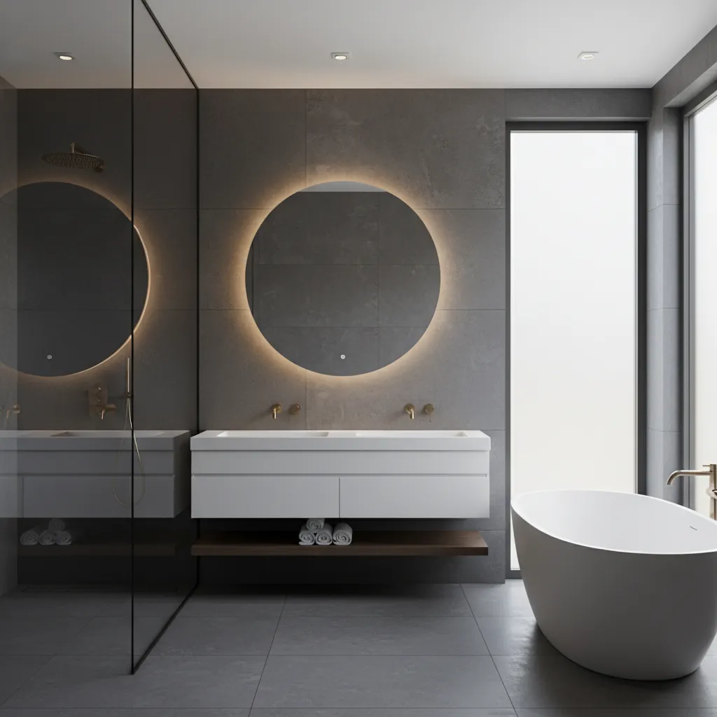 Dark gray bathroom walls under vanity lighting showing sheen reflections