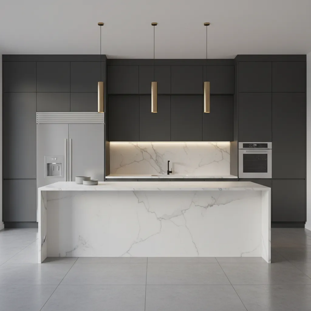 dark gray cabinets with stainless appliances in modern kitchen