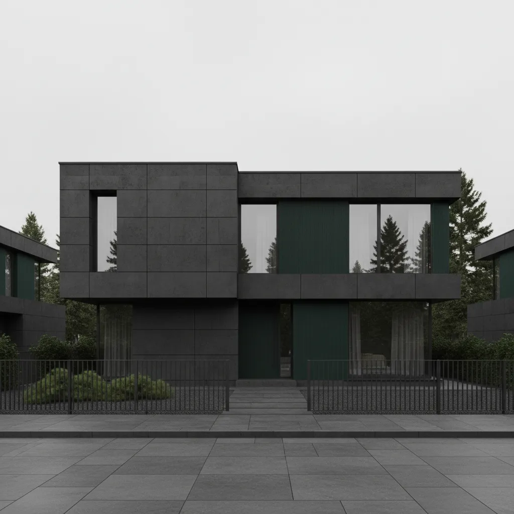 Dark gray and dark green house exterior appearing visually heavy