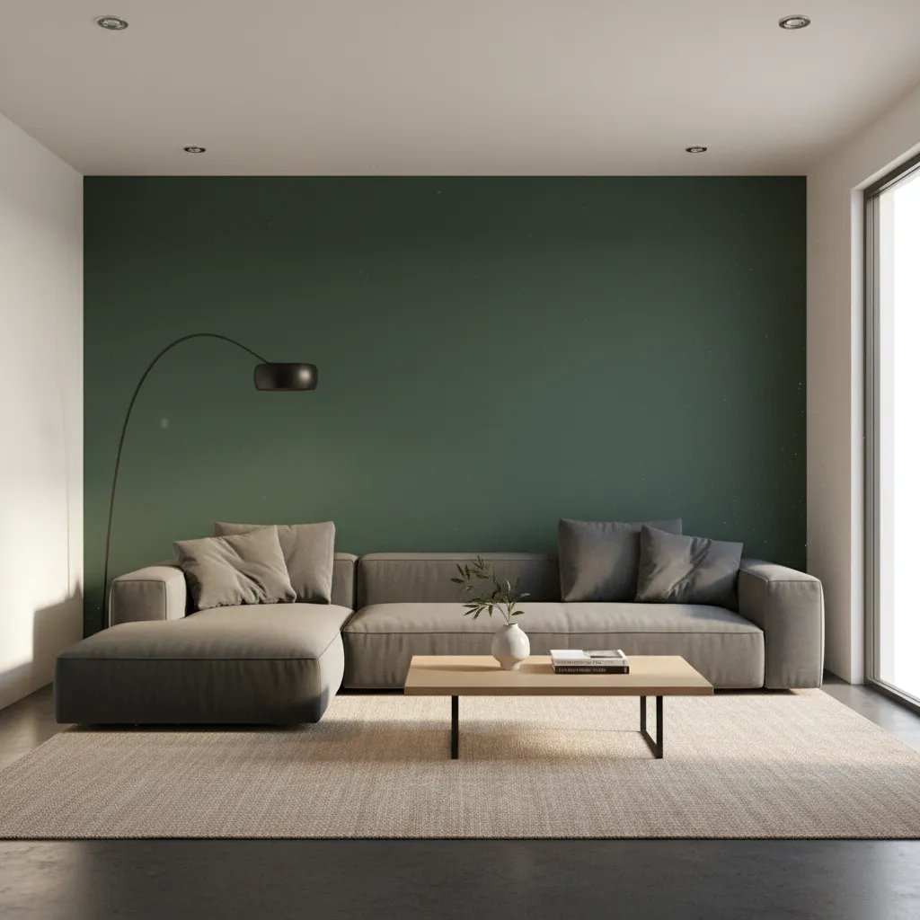 living room with dark green accent wall behind sofa