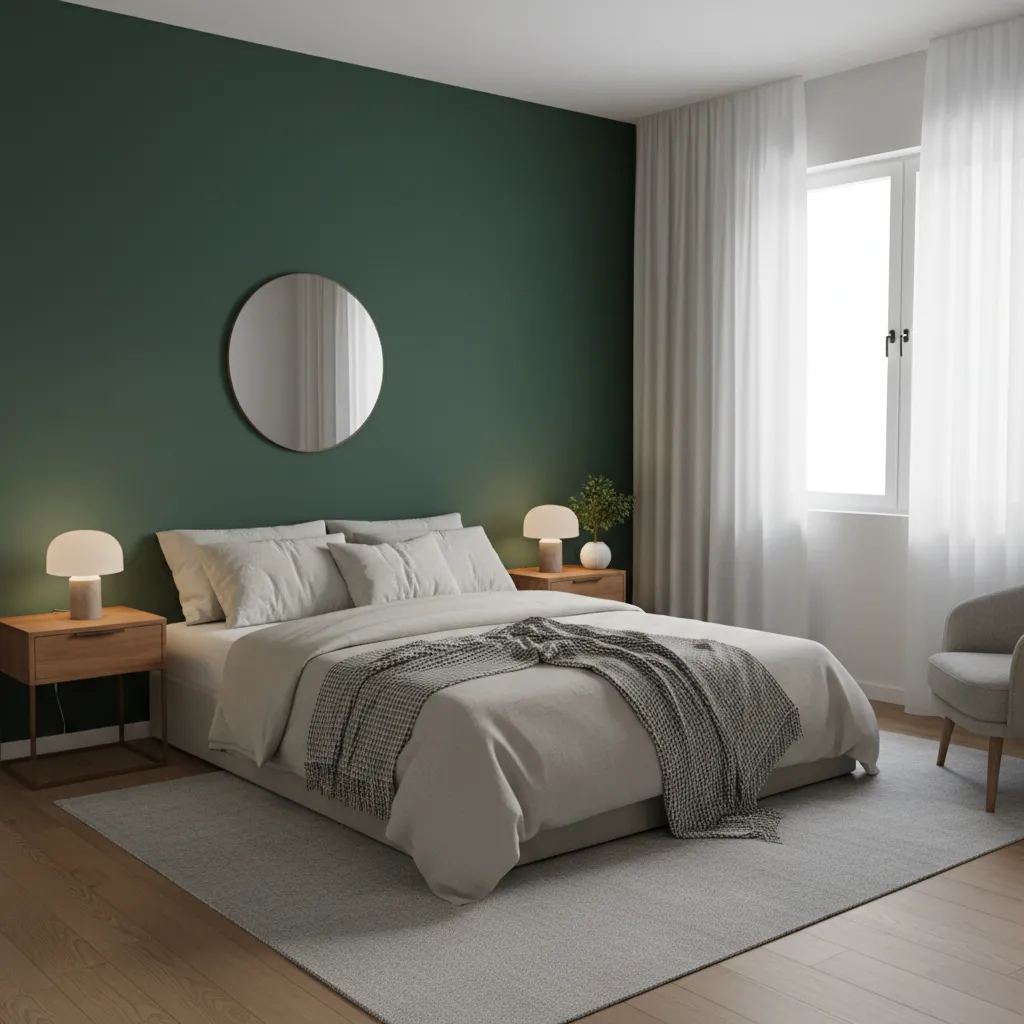 Small bedroom with dark green accent wall behind bed and neutral bedding